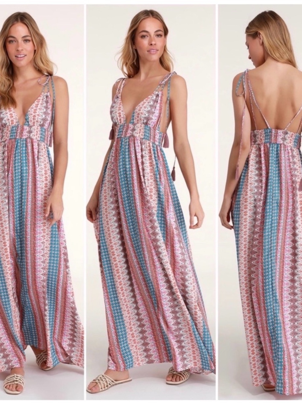 Lulus Pink & Blue Striped Boho Tie-Shoulder Maxi Dress
